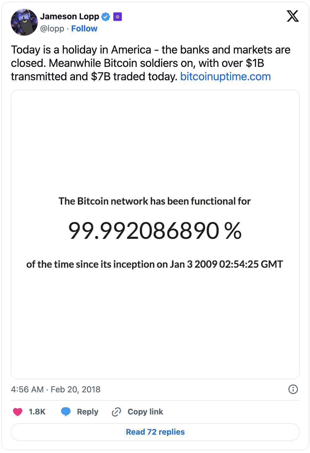 Jameson Lopp Tweet on Bitcoin